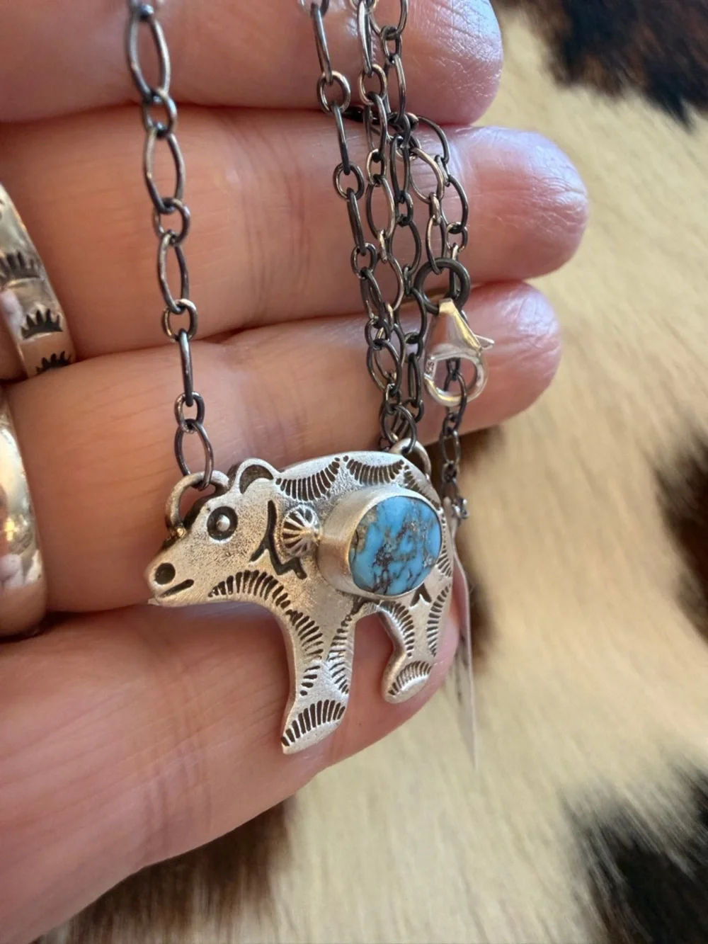❤️ Golden Hills Turquoise Hand Stamped Statement Bear Necklace 925 Matte 18+2”